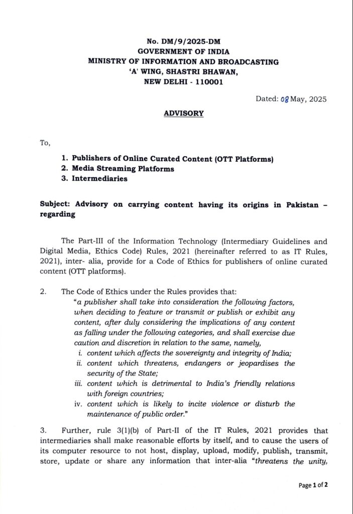 MIB Advisory to ban PAK Content Page 1