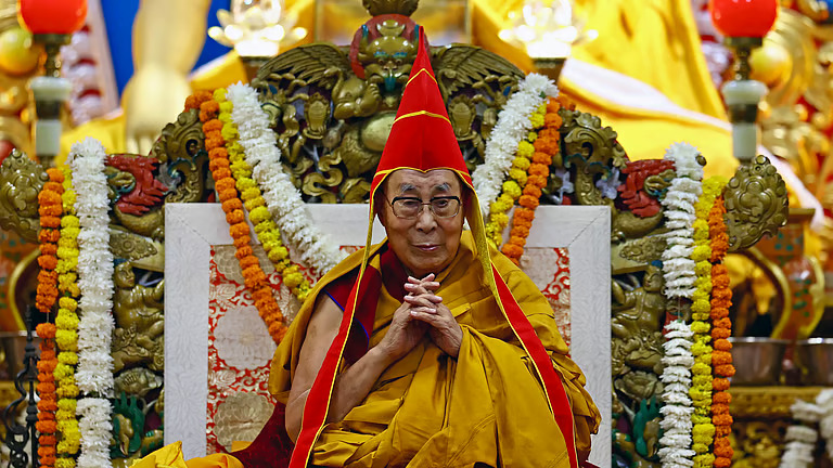 Tibetan spiritual leader the 14th Dalai Lama, Tenzin Gyatso, attending a long-life prayer offering ceremony at the Main Tibetan Temple in McLeod Ganj, near Dharamshala, on July 5, 2025. (Photo: AFP)
