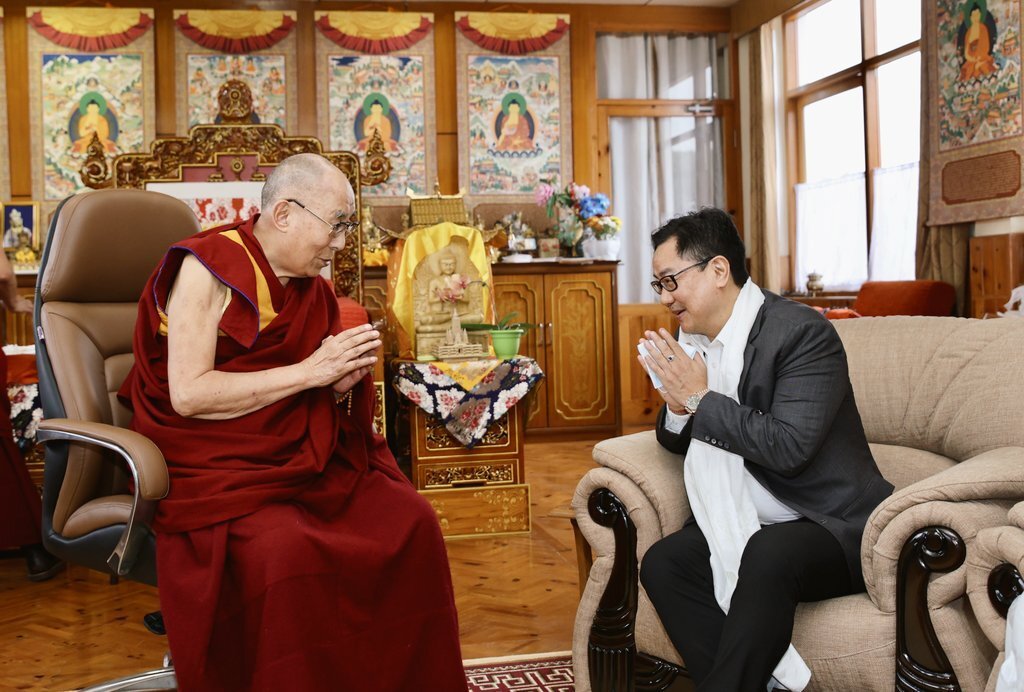 The 14th Dalai Lama, Tenzin Gyatso, meeting with Kiren Rijiju, the Indian Union Minister for Minority Affairs, in Dharamshala.