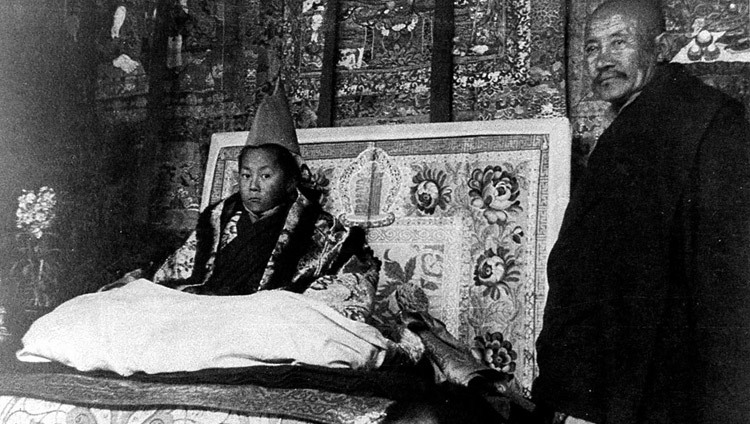 The 14th Dalai Lama, Tenzin Gyatso, seated on a throne during his official enthronement ceremony in Lhasa, Tibet, on February 22, 1940.