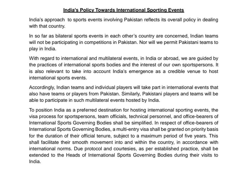 India's Policy Towards International Sporting Events