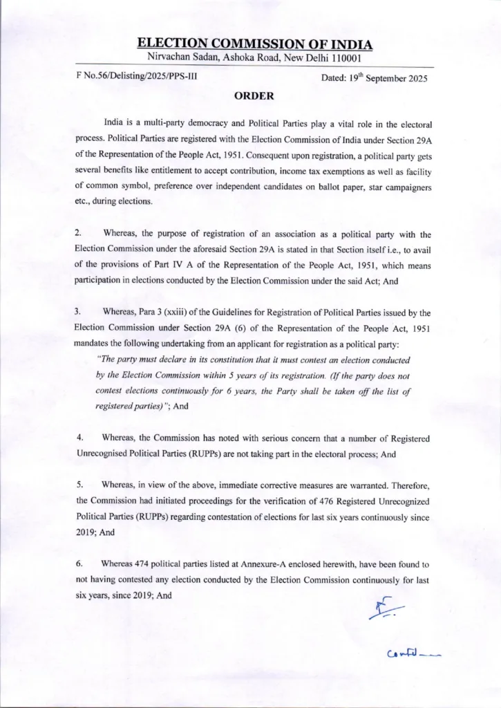 UP 121 Political Parties Deregistered EC Action