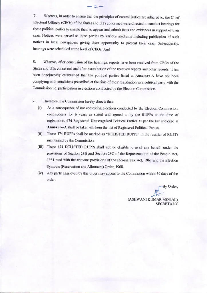 UP 121 Political Parties Deregistered EC Action